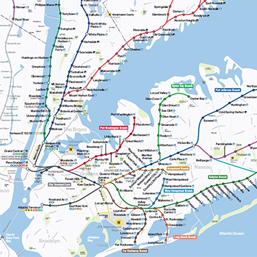 NYC MTA map of LIRR Long Island Railroad and Metro-North rail networks.